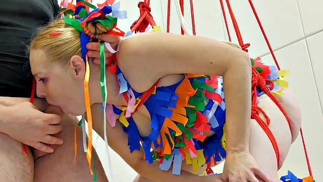 Submissive dressed as pinata gets anally ravaged