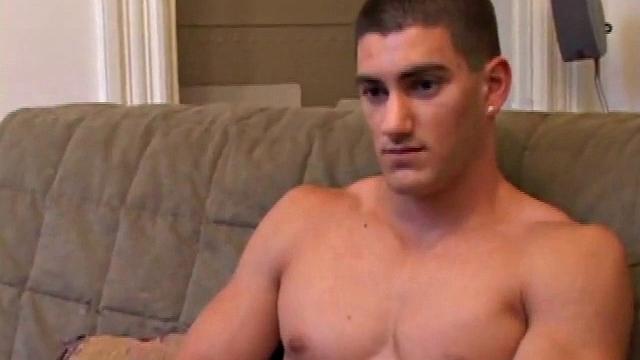 Jeron Carter seems like a nice guy and isn't nervous despite his on-screen porn debut. He strips to reveal a beautiful body. His chest, arms, and abs are nicely shaped and ripple slightly as he beats off.