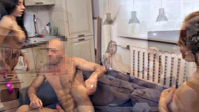 наглый коллектор трахает трех диких брюнеток