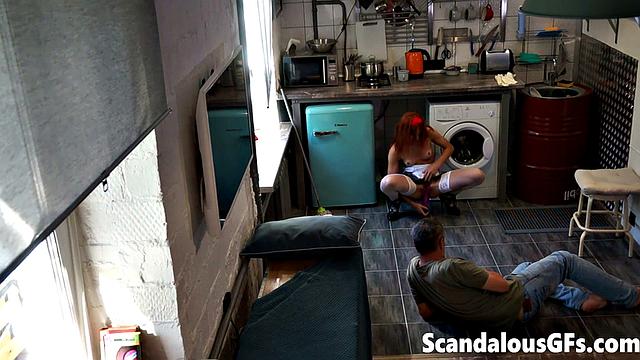 My ex-girlfriend gulps down my stepdad's jizz after deepthroating his shaft in high heels & stockings