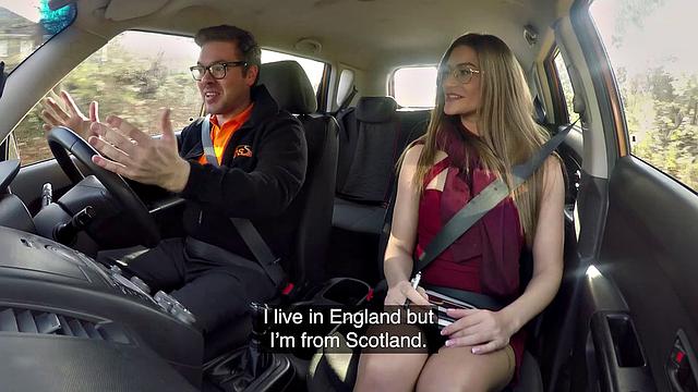 Naughty Russian teacher Creampied in a car taxi after giving a hot handjob in lingerie