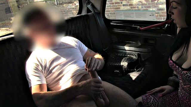 Brunette Cabbie gets her big tits fondled & titfucked by a lucky stud