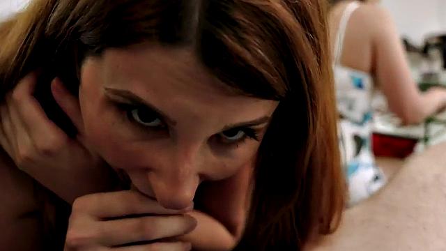 Big ass POV MILF licks redhead's pussy in reverse gangbang