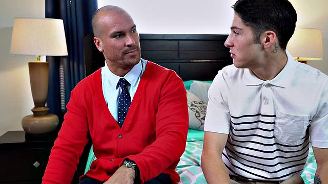 Stepmom with huge tits and curvy body relaxes stepson with blowjob & handjob in the bedroom