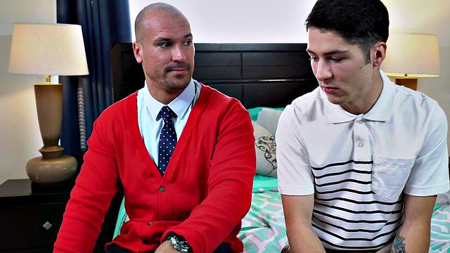 Stepmom with huge tits and curvy body relaxes stepson with blowjob & handjob in the bedroom