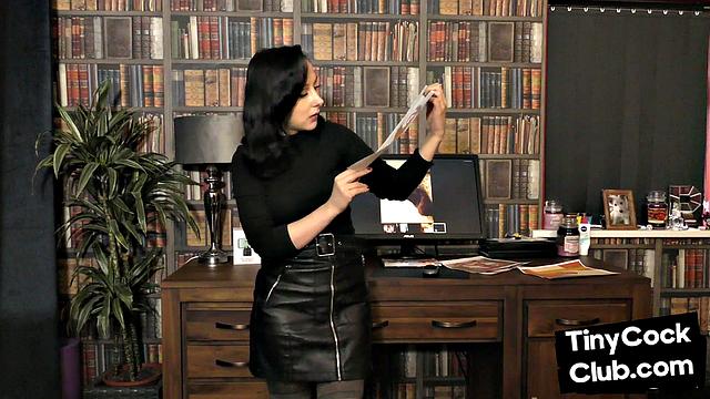 SPH babe in leather skirt humiliates cocks on her pics