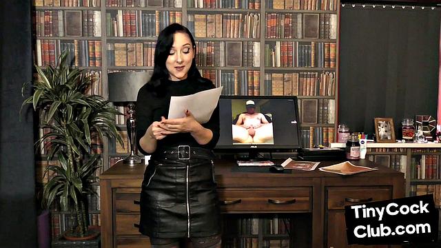 SPH babe in leather skirt humiliates cocks on her pics