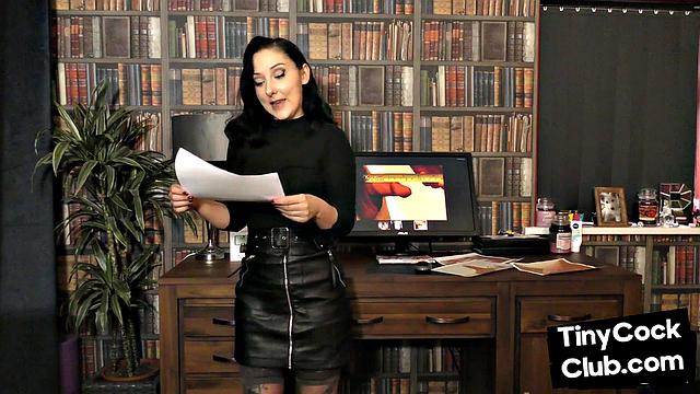 SPH babe in leather skirt humiliates cocks on her pics