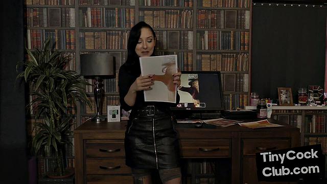 SPH babe in leather skirt humiliates cocks on her pics