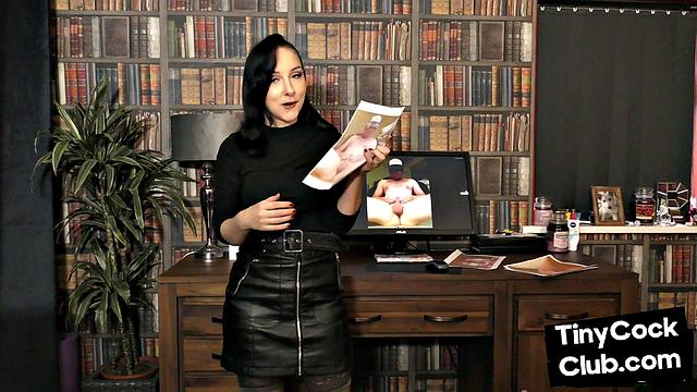 SPH babe in leather skirt humiliates cocks on her pics