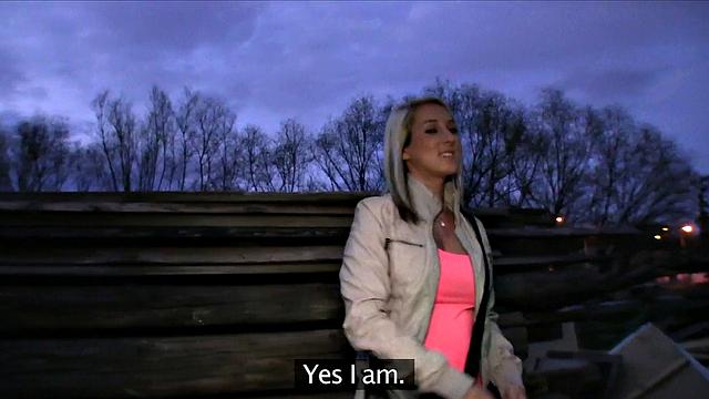 Agent convinces blonde to fuck in the outdoors with his hot blowjob and handjob skills