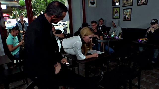 Curvy sub tugging and sucking in public with voyeurs watching