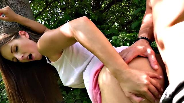 Euro brunette gets bent over and rides for cash before BJ