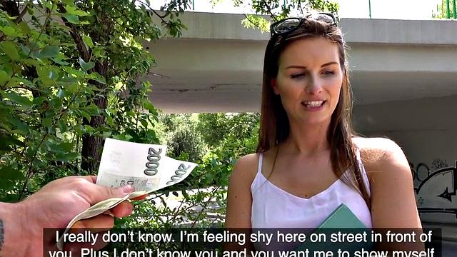 Euro brunette gets bent over and rides for cash before BJ