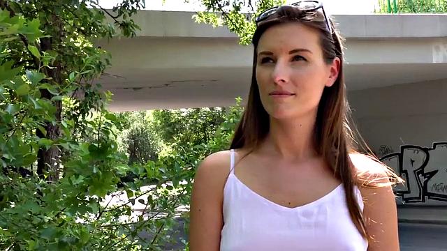 Euro brunette gets bent over and rides for cash before BJ