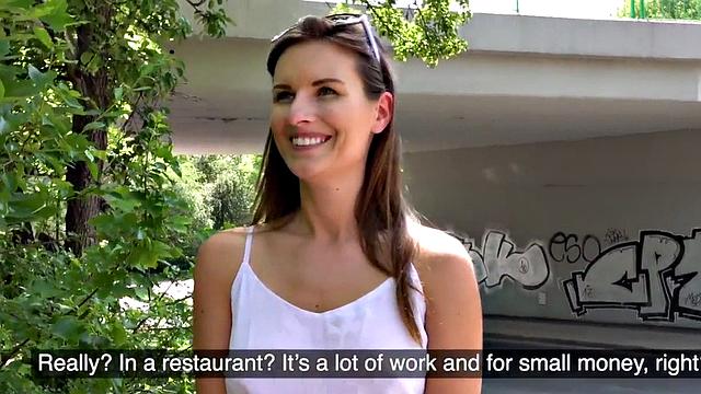 Euro brunette gets bent over and rides for cash before BJ