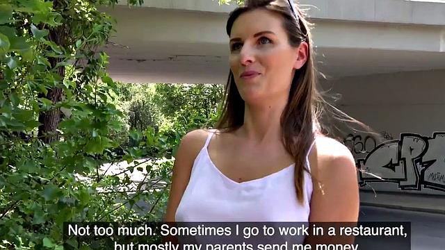 Euro brunette gets bent over and rides for cash before BJ