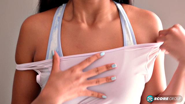 Hot black Berlyn is all smiles as she makes herself cum after a workout in a home gym.