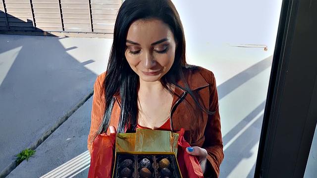 Brunette with puffy nipples takes a wrong turn and gets a smile from Wrong Girl