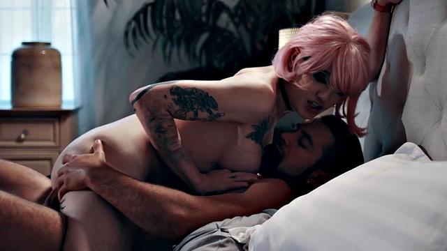 Inked trans drilled barebacked while riding boyfriend