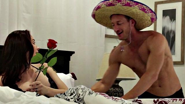 Busty babe sucking before anniversary sex