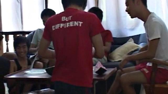 These Asian boys are chilling in the break room when their coach enters. Moo says he's bored and asks the Coach to show them. The coach whips it out for all the boys to see.