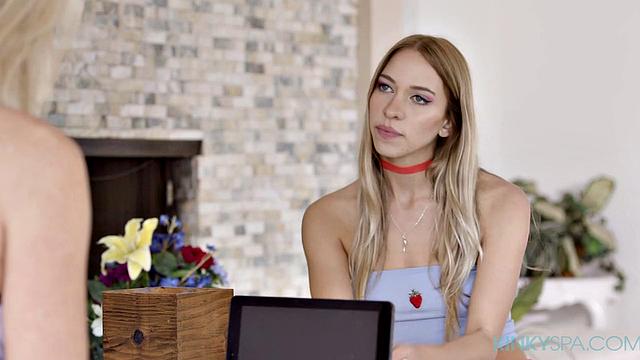 Hot blonde Khloe Kapri shown the ropes by sexy Kayla Paige at KinkySpa