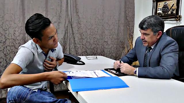 Asian skinny twink barebacked by white DILF in office