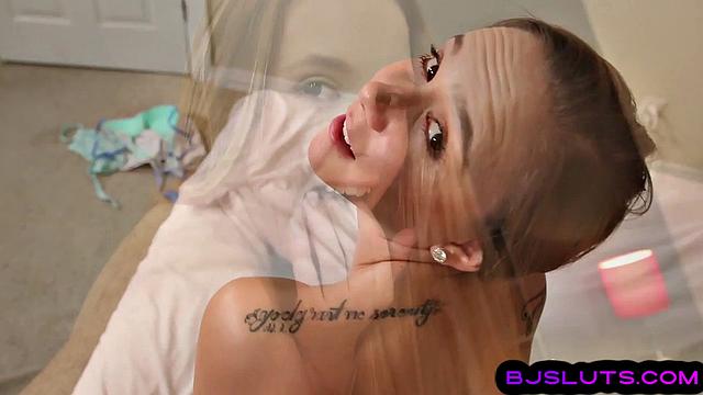 Nasty brunette deepthroating a huge cock