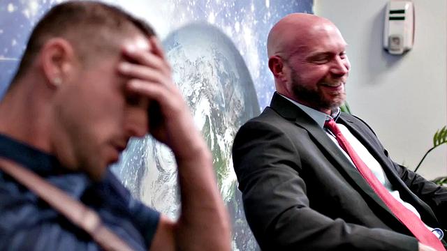 Athletic jock fucks DILF after 69 in public waiting room