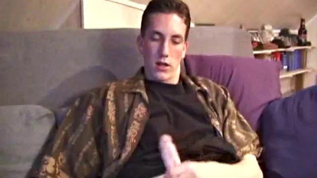 Derek lets us watch as he pulls down his pants and starts stroking his dick. There's a lot of precum as he edges himself a few times, then he shoots his load all over his belly.