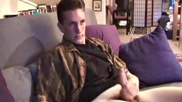Derek lets us watch as he pulls down his pants and starts stroking his dick. There's a lot of precum as he edges himself a few times, then he shoots his load all over his belly.