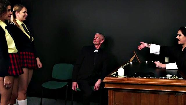 Uniformed brits jerking and sucking teacher in group