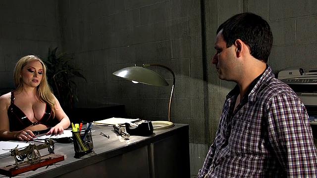 Blonde goddess dominates her bound and gagged slave with a massive strapon