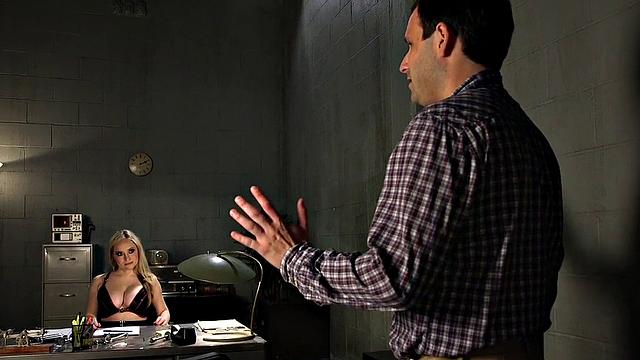 Blonde goddess dominates her bound and gagged slave with a massive strapon