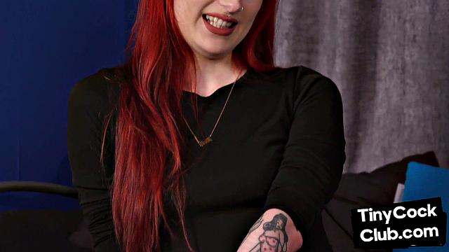 Redhead domina with pierced tits jerking tiny cock