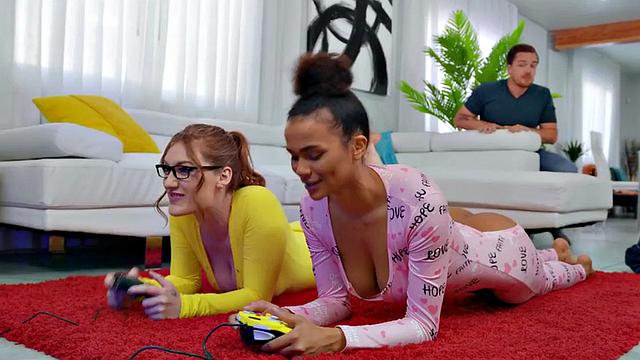 Naughty gaming sluts fucked in threesome by big white dick