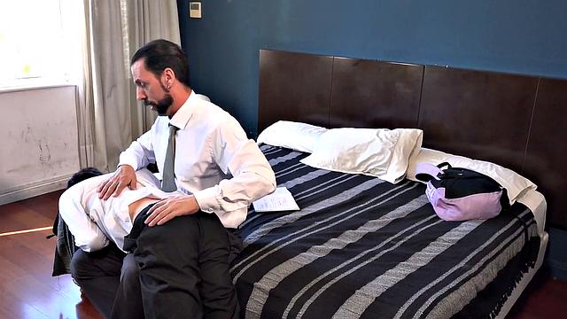 Spanking DILF fucks 21yo Latino in college uniform
