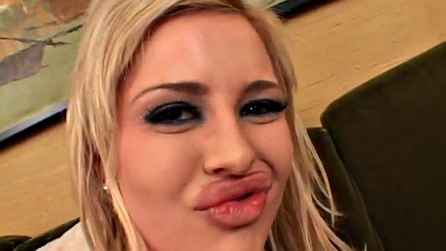 Watch this busty blonde tease before giving a sloppy deepthroat BJ to a hung dude