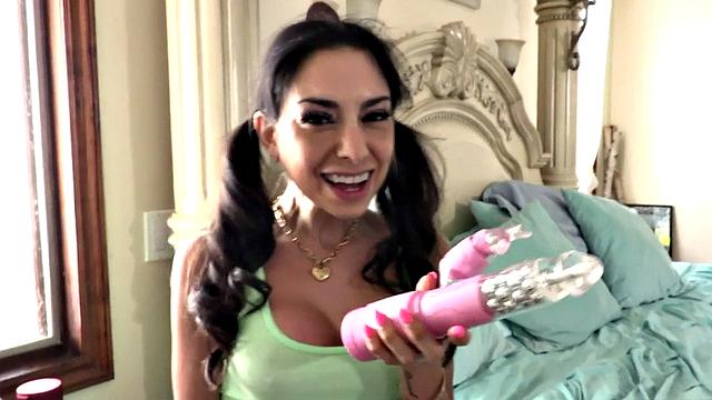 Bigtit stepdaughter uses toy before pussy gets fucked in POV