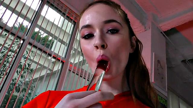 Watch this hot POV babe talk dirty while getting her tight brown hairless pussy drilled