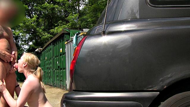 A hot amateur babe with glasses and a ponytail take on a huge cock in public