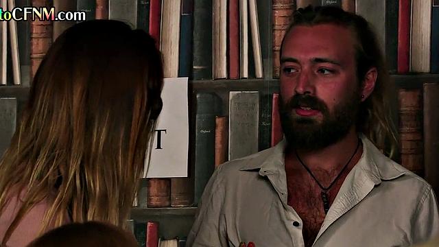 CFNM babes wanking and sucking lucky dude until cumshot