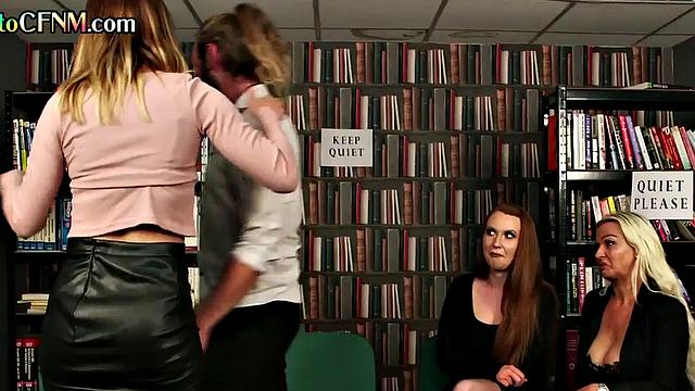 CFNM babes wanking and sucking lucky dude until cumshot