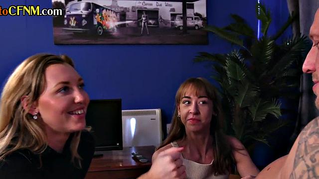 CFNM sluts love sharing big cock while sucking in 3some