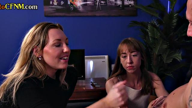 CFNM sluts love sharing big cock while sucking in 3some