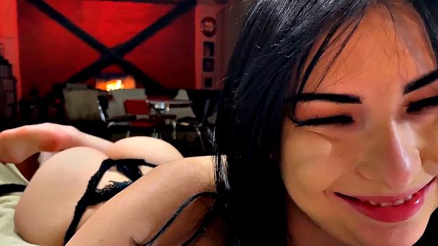 Smalltits POV babe in thongs sucks while talking slutty