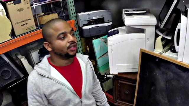 Ebony gaypawn bottom 3some fucked in stockroom for cash
