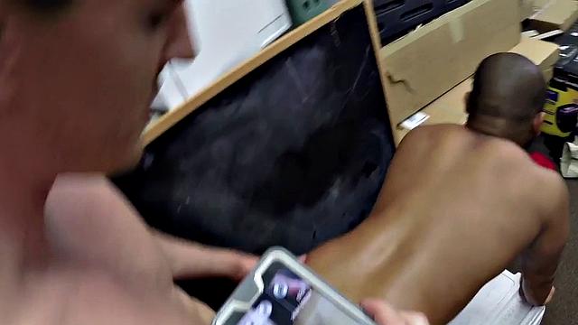 Ebony gaypawn bottom 3some fucked in stockroom for cash