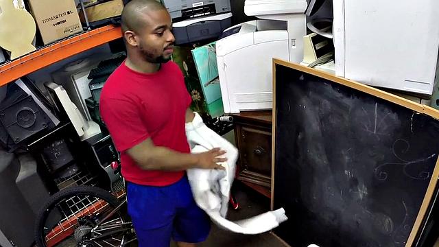 Ebony gaypawn bottom 3some fucked in stockroom for cash